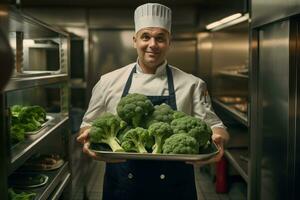 chef Holding een dienblad vol van broccoli binnen een keuken. foto