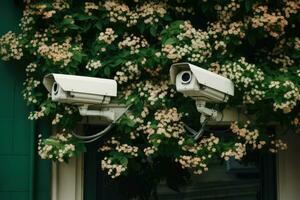 veiligheid camera in voorkant van huis met bloemen in de voorgrond. foto