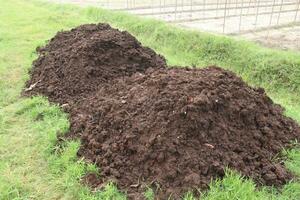 hoop van compost kunstmest Aan veld- foto