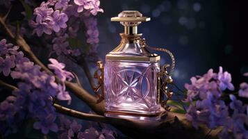 parfum fles met lila bloemen foto