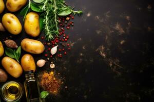 voedsel achtergrond. top visie van aardappelen, kruiden en specerijen Aan rustiek zwart leisteen. foto