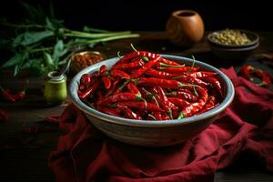 rood Chili paprika's in een kom Aan de tafel. generatief ai foto