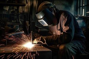 industrieel arbeider met beschermend masker lassen staal structuur in een fabriek. generatief ai foto