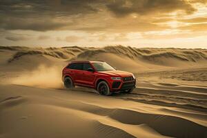 luxe auto Aan zand duinen. generatief ai foto