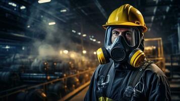 chemisch specialist slijtage veiligheid uniform en gas- masker inspecteren chemisch lekken in industrie fabriek foto