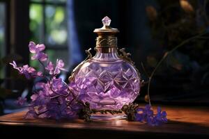 parfum fles met lila bloemen foto