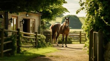 paard boerderij met groen landschap foto