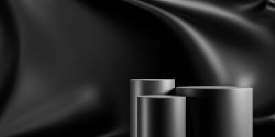 elegant zwart ronde staan voor Product plaatsing model. donker podium tentoonstelling tafereel achtergrond. minimaal cilinder platform toonzaal met plek licht. foto