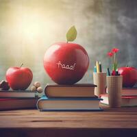 gelukkig leraren dag, leraren dag appel boeken hoog kwaliteit ai gegenereerd beeld foto