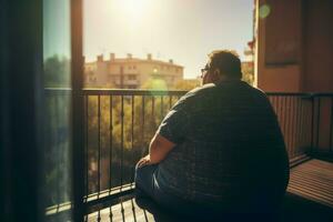 zwaarlijvig Mens balkon. genereren ai foto