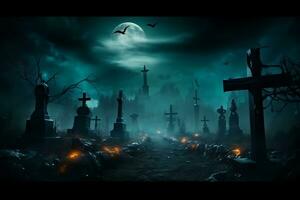 halloween nacht maan samenstelling met gloeiend pompoenen wijnoogst kasteel en vleermuizen vliegend over- begraafplaats foto