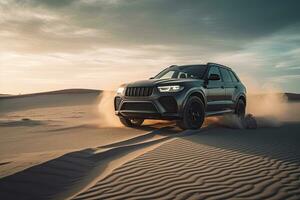 luxe auto Aan zand duinen. generatief ai foto