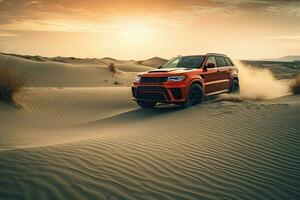 luxe auto Aan zand duinen. generatief ai foto