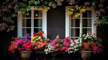 mooi bloeiend bloemen in venster dozen. foto