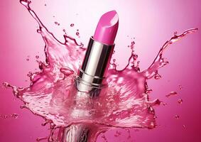 roze lippenstift met spatten en spatten van roos water. foto