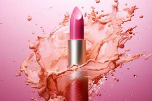 roze lippenstift met spatten en spatten van roos water. foto