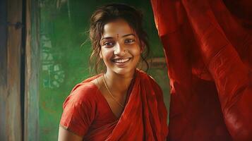 mooi jong Indisch vrouw in nationaal kleren, lachend. foto