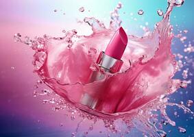 roze lippenstift met spatten en spatten van roos water. foto