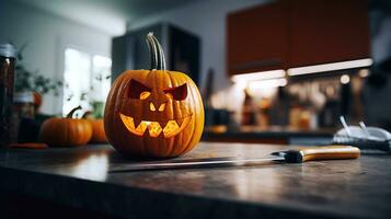 pompoen jack-o-lantern Aan de keuken tafel. sinister atmosfeer. ai gegenereerd. foto