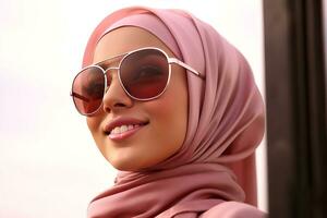 mooi jong moslim vrouw in een traditioneel hoofddoek en zonnebril. foto
