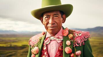 Peruaanse Mens in feestelijk nationaal kleren, lachend. ai gegenereerd. foto