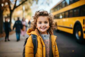 een jong kind gretig staat in voorkant van een school- bus klaar naar aan boord gaan Aan een nieuw avontuur gevulde met aan het leren en vriendschappen foto