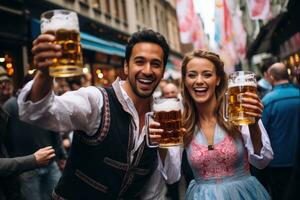 mensen in traditioneel kleding verhogen bier steins in kameraadschap net zo de levendig oktoberfeest vieringen vullen München straten met juichen foto