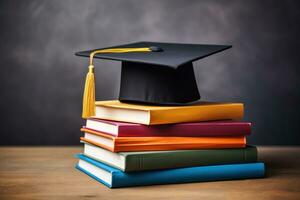 een stack van kleurrijk boeken met een diploma uitreiking pet Aan top symboliseert leerzaam prestaties Aan een schoon wit achtergrond foto