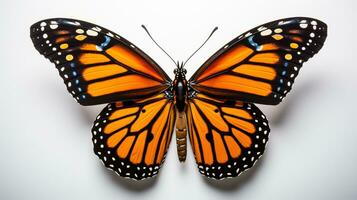 een majestueus monarch vlinder in halverwege de vlucht symboliseert de ontzagwekkend reis van migratie tegen een zuiver wit backdrop foto