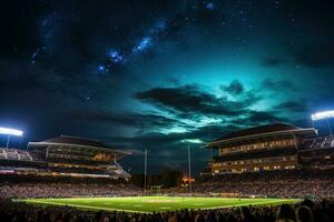 een Amerikaans voetbal stadion verlichte onder de nacht lucht net zo fans juichen voor hun teams Aan de seizoen opener foto