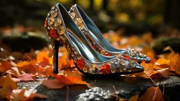 een elegant met diamanten bezaaid hiel- omringd door herfst bladeren presentatie van de aantrekkingskracht en elegantie van september mode week foto
