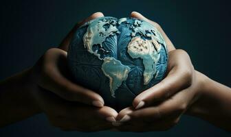 beide handen hebben een model- van de aarde in de vorm van een hart. in een licht marine en blauw stijl. globaal invloed . ai gegenereerd foto