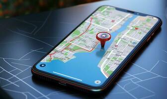 richten smartphone met GPS navigatie en kaart pictogrammen Aan wazig weg abstract achtergrond . ai gegenereerd foto