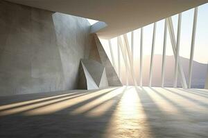 architectuur leeg kamer met venster en berg achtergrond met zonlicht. generatief ai foto