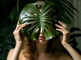 een jong vrouw Holding een groot blad achter haar hoofd foto