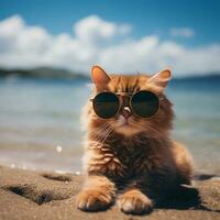 schattig kat met zonnebril aan het liegen Aan de strand. zomer vakantie concept. ai generatief foto