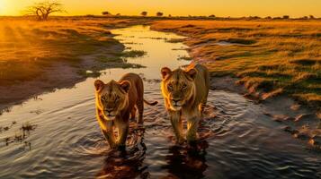 een detailopname schot van twee leeuwen in de water met een mooi lucht in de achtergrond ai generatief foto