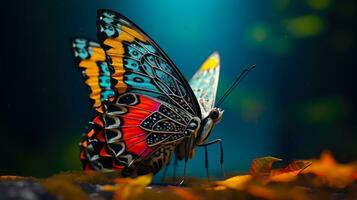 monarch vlinder Aan een rots met herfst bladeren ai generatief foto