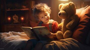 schattig kleuter lezing een boek met teddy beer in bed ai gegenereerd foto