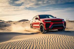 luxe auto Aan zand duinen. generatief ai foto