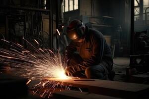 industrieel arbeider met beschermend masker lassen staal structuur in een fabriek. generatief ai foto