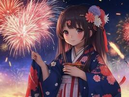 3d illustratie van een Japans meisje in kimono en vuurwerk foto