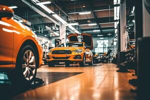 auto reparatie onderhoud. auto monteur repareren auto in auto reparatie winkel. generatief ai foto