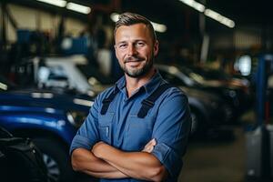 technicus, mannetje auto monteur in overall in modern auto reparatie winkel, garage. generatief ai foto