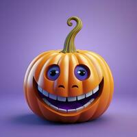 halloween pompoen met ogen en een glimlach Aan een licht lila achtergrond, 3d foto