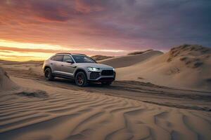 luxe auto Aan zand duinen. generatief ai foto