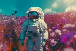 astronaut veld- bloemen. genereren ai foto