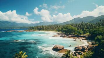 generatief ai, mooi strand van Seychellen, oceaan of zee landschap, vakantie Aan paradijs. tropisch eilanden foto