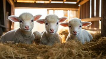 generatief ai, weinig lammeren op zoek Bij de camera Aan een boerderij, baby schapen foto