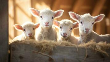 generatief ai, weinig lammeren op zoek Bij de camera Aan een boerderij, baby schapen foto